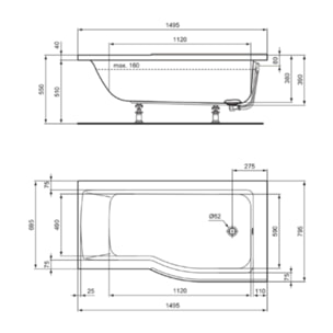 Ideal Standard baignoire pour bain douche 150x80 asymétrique Connect Air droite blanc