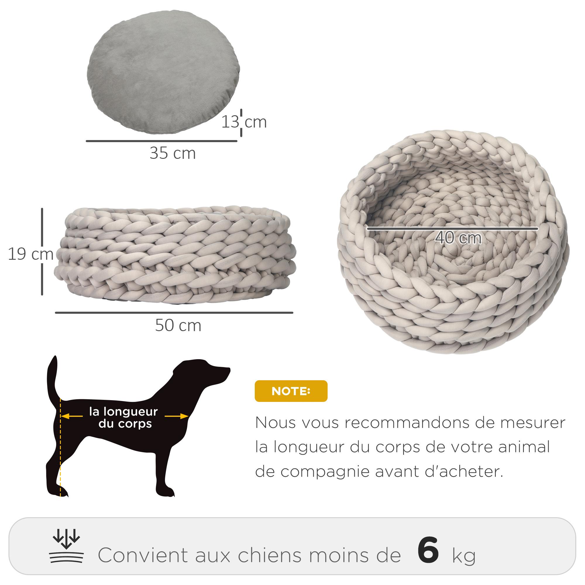 Panier pour chien chat Ø50 x 19H cm effet tressé tricot - coussin amovible et lavable en machine - polyester gris