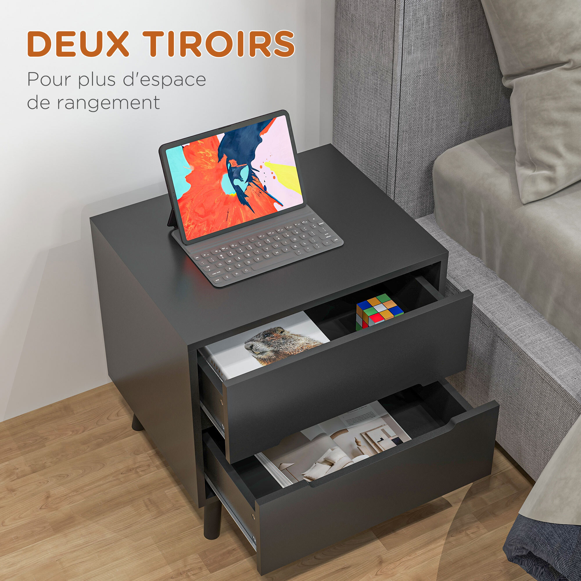 Chevet 2 tiroirs table de nuit style nordique dim. 50 x 40 x 50,5 cm noir