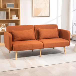 Canapé convertible 3 places design scandinave - dossier inclinable, accoudoirs réglables - 2 coussins déco - tissu ocre havane