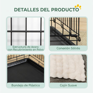 PawHut Jaula para Perros Plegable, Jaula para Perros Grandes con Cojín, 2 Puertas, Bandeja Extraíble y Marco de Alambre Metálico, 90x57,5x62 cm, Negro y Beige