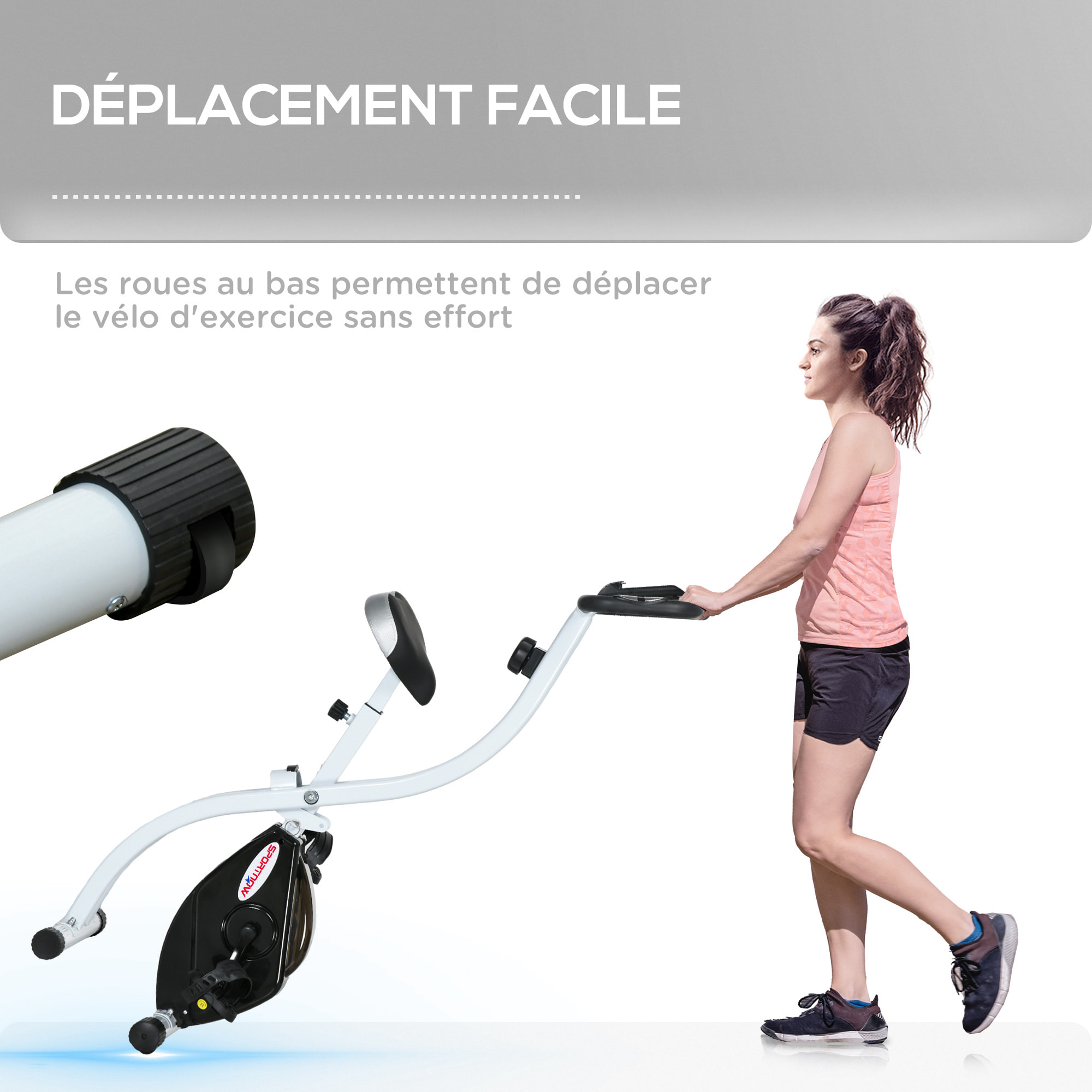 Vélo d'appartement pliant, vélo de fitness, vélo d'intérieur 8 niveaux de résistance magnétique, selle réglable, poignées, écran LCD multifonction, support tablette, acier blanc