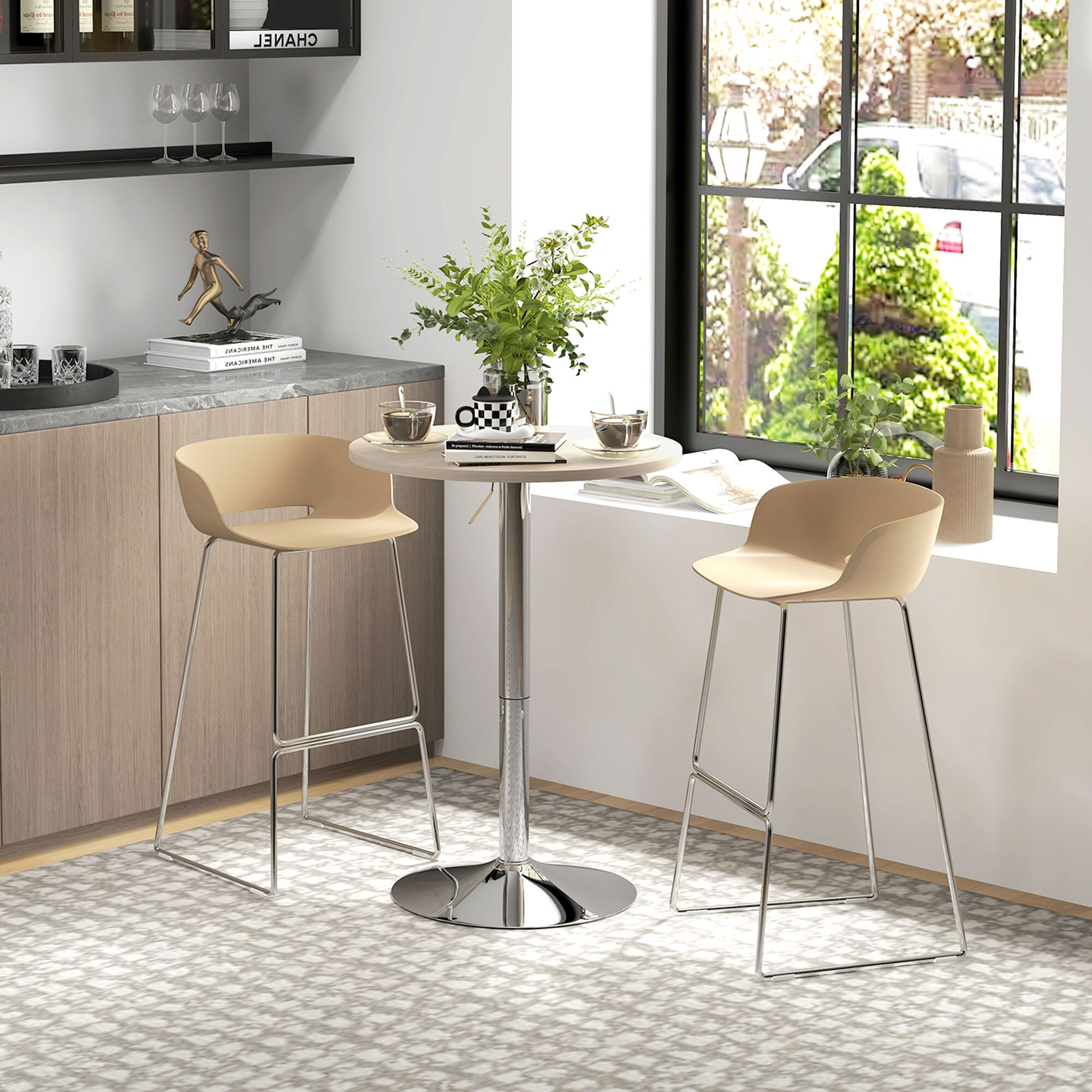 Mesa Alta Cocina, Mesa Alta Bar Redonda para 2 Personas, Altura Ajustable 69-91 cm, Tablero Giratorio 360°, Base de Acero, para Salón, Comedor, Cocina, 60x60x91 cm, Roble Claro