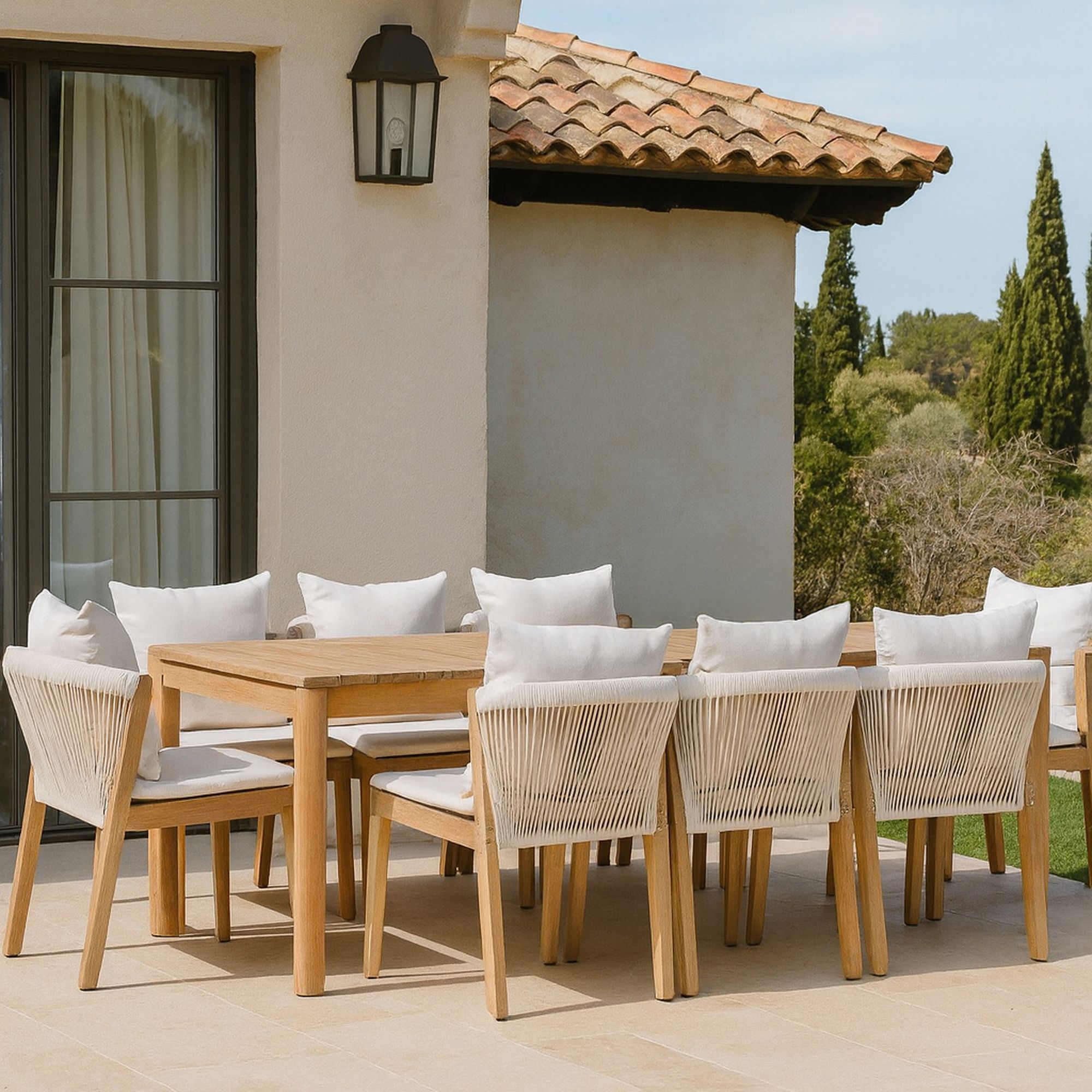 Ensemble de jardin table et 8 chaises en bois avec coussin FIDJI