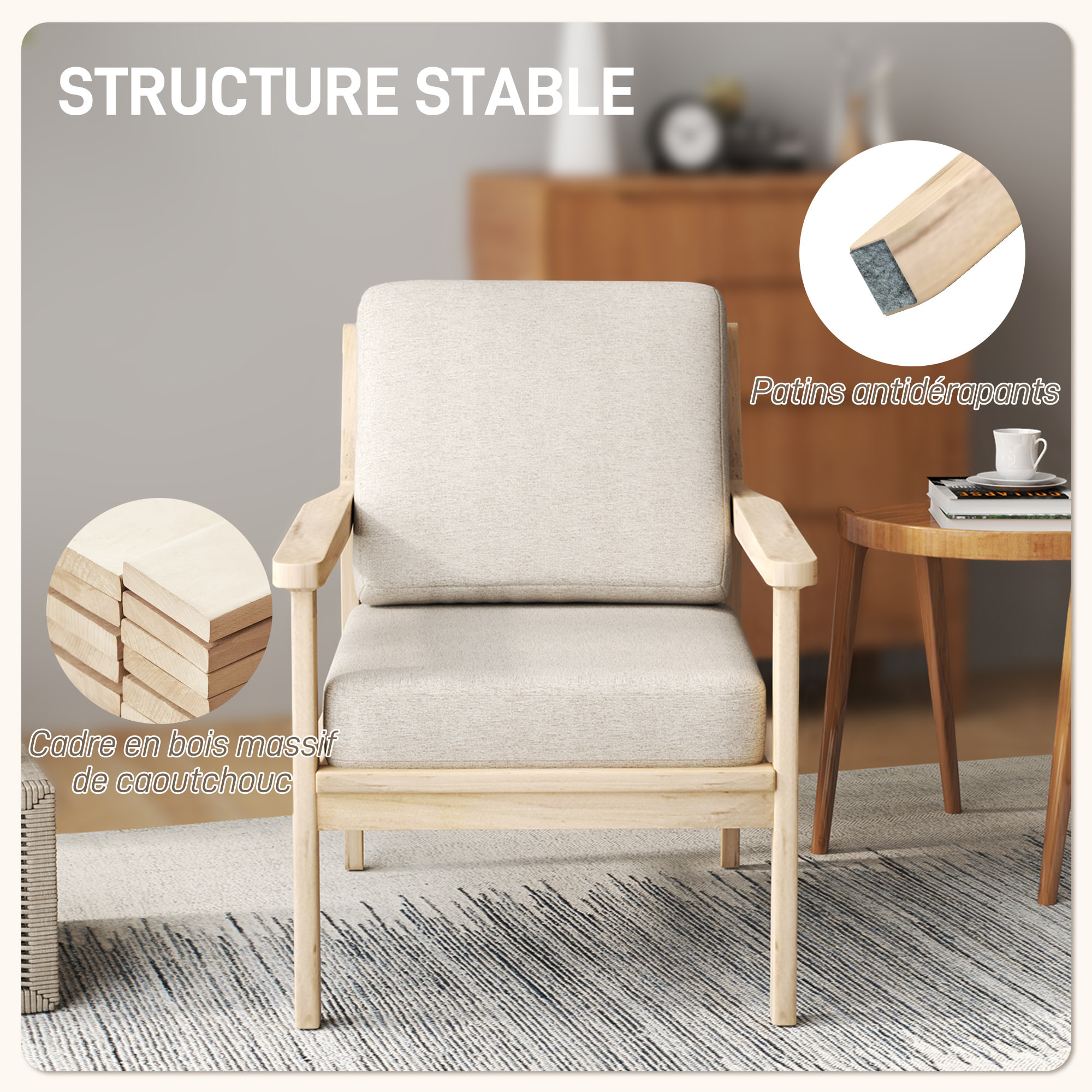 Fauteuil lounge style nordique piètement structure accoudoirs bois naturel épais coussins tissu beige