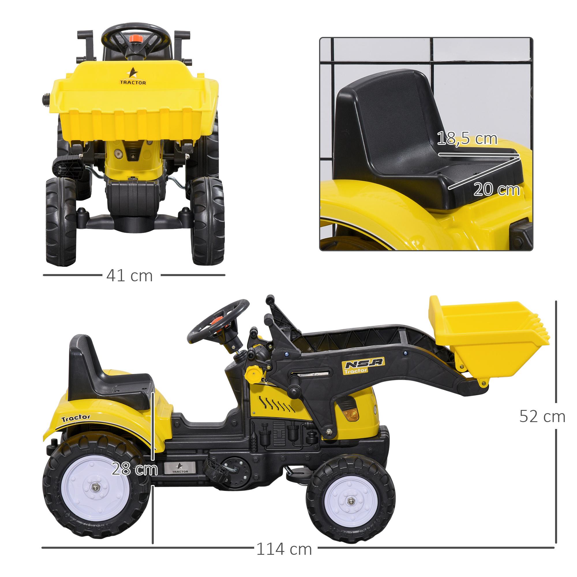 Tractor a Pedales para Niños de 3 Años Excavadora Camión con Pala Delantera Juguete de Montar Coche de Pedales Carga 35 kg 114x41x52 cm Amarillo