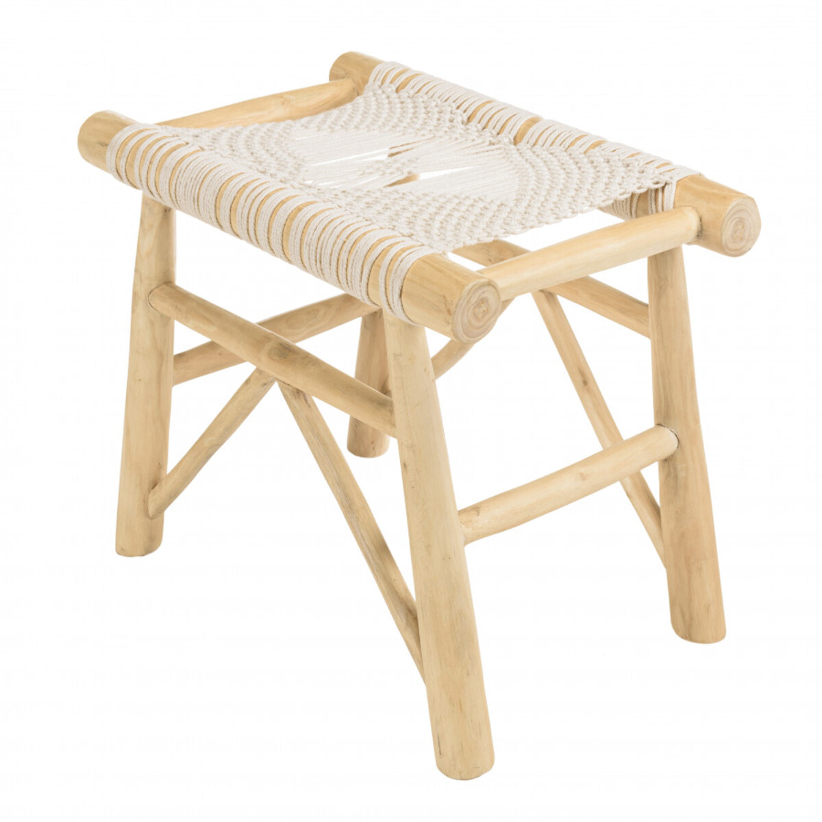 WILL - Tabouret en branches de teck naturel assise en macramé blanc