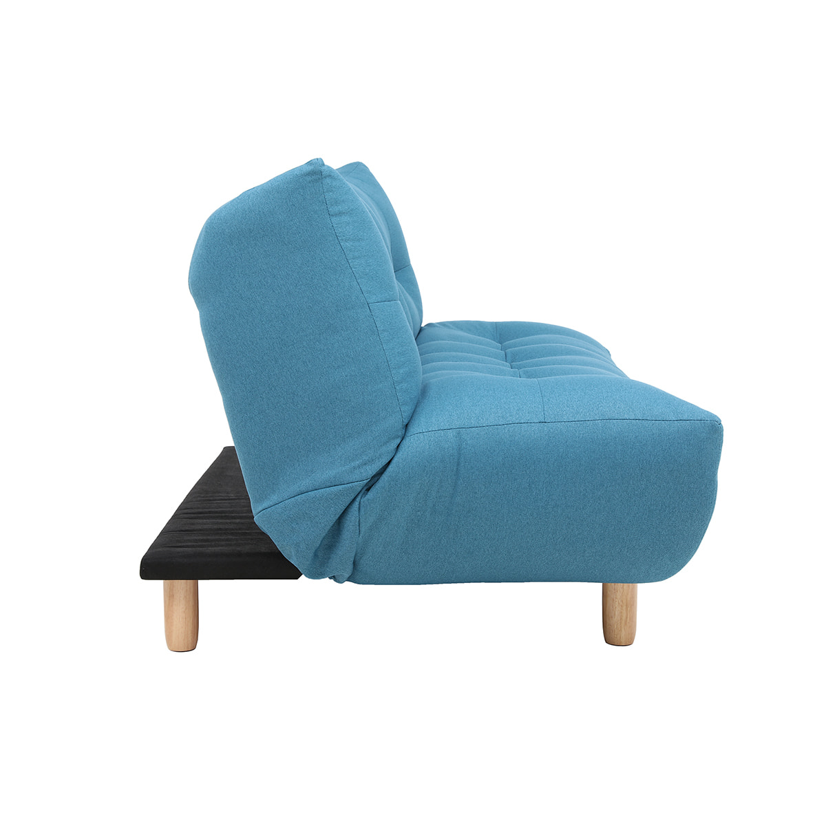 Canapé convertible scandinave 3 places en tissu bleu canard et bois clair YUMI