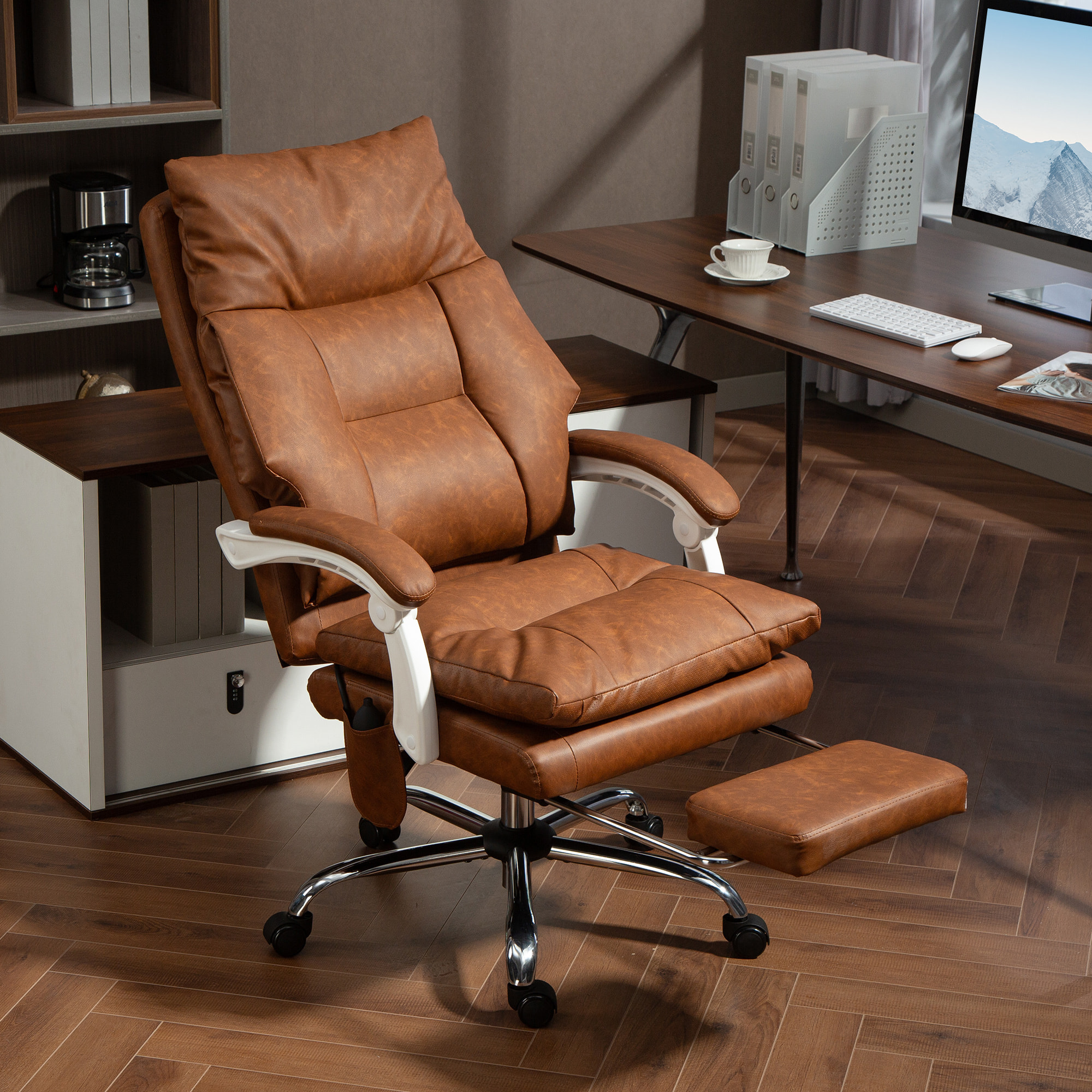 Fauteuil bureau manager inclinable repose-pieds rétractable camel vieilli