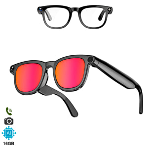 Gafas inteligentes CY01. Con cámara para fotos y videos de 8 MPX, traductor AI en tiempo real y control de música/llamadas. 16GB de memoria, lentes tintadas y transparentes.