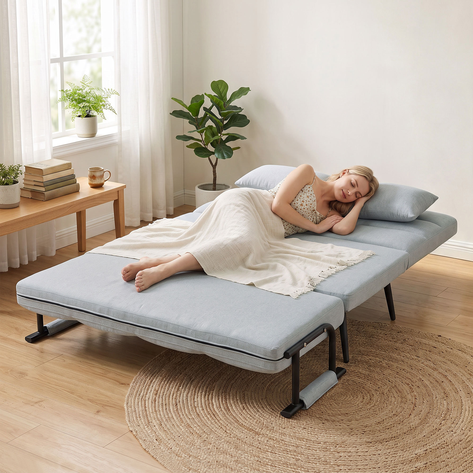 Sofá Cama 2 Plazas Convertible, 3 en 1, Sofá Cama Plegable, Tapizado en Lino, Respaldo Ajustable, 2 Almohadas con Funda Lavable, para Salón, Dormitorio, 127x73x95 cm, Gris Claro