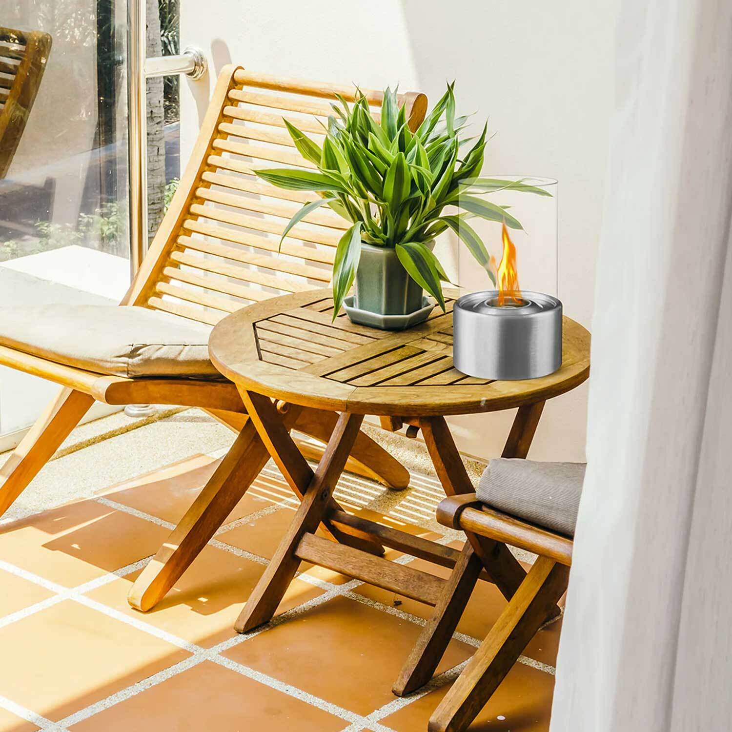 Marsiglia - Camino a bioetanolo da tavolo per interni ed esterni Ø16 x H27 cm, colore silver