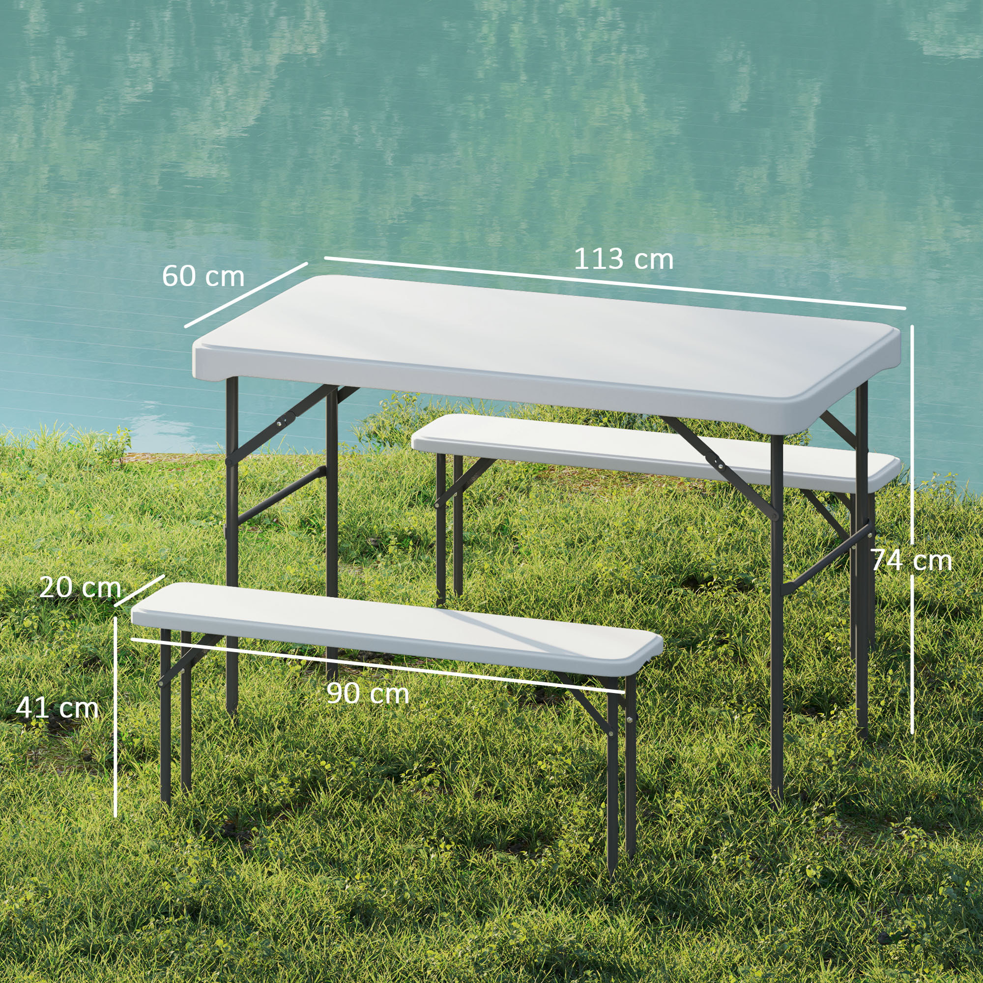 Ensemble table 2 bancs pliables avec poignées - usage pique-nique camping - métal époxy HDPE gris clair