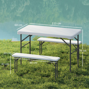 Ensemble table 2 bancs pliables avec poignées - usage pique-nique camping - métal époxy HDPE gris clair