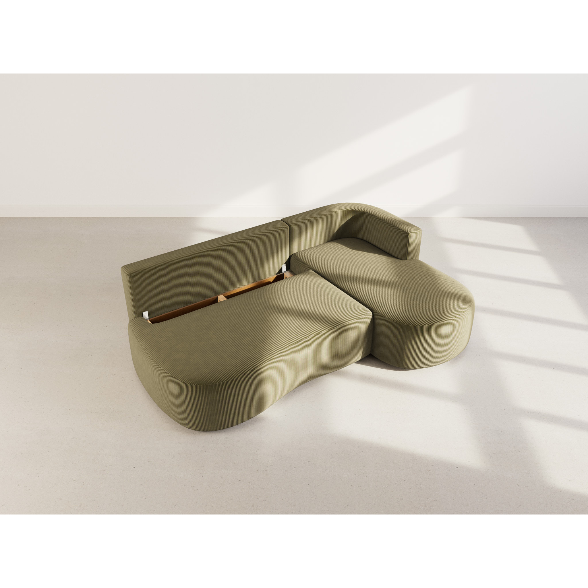 Mahina - canapé d'angle droit 4 places convertible avec coffre en velours côtelé - Vert