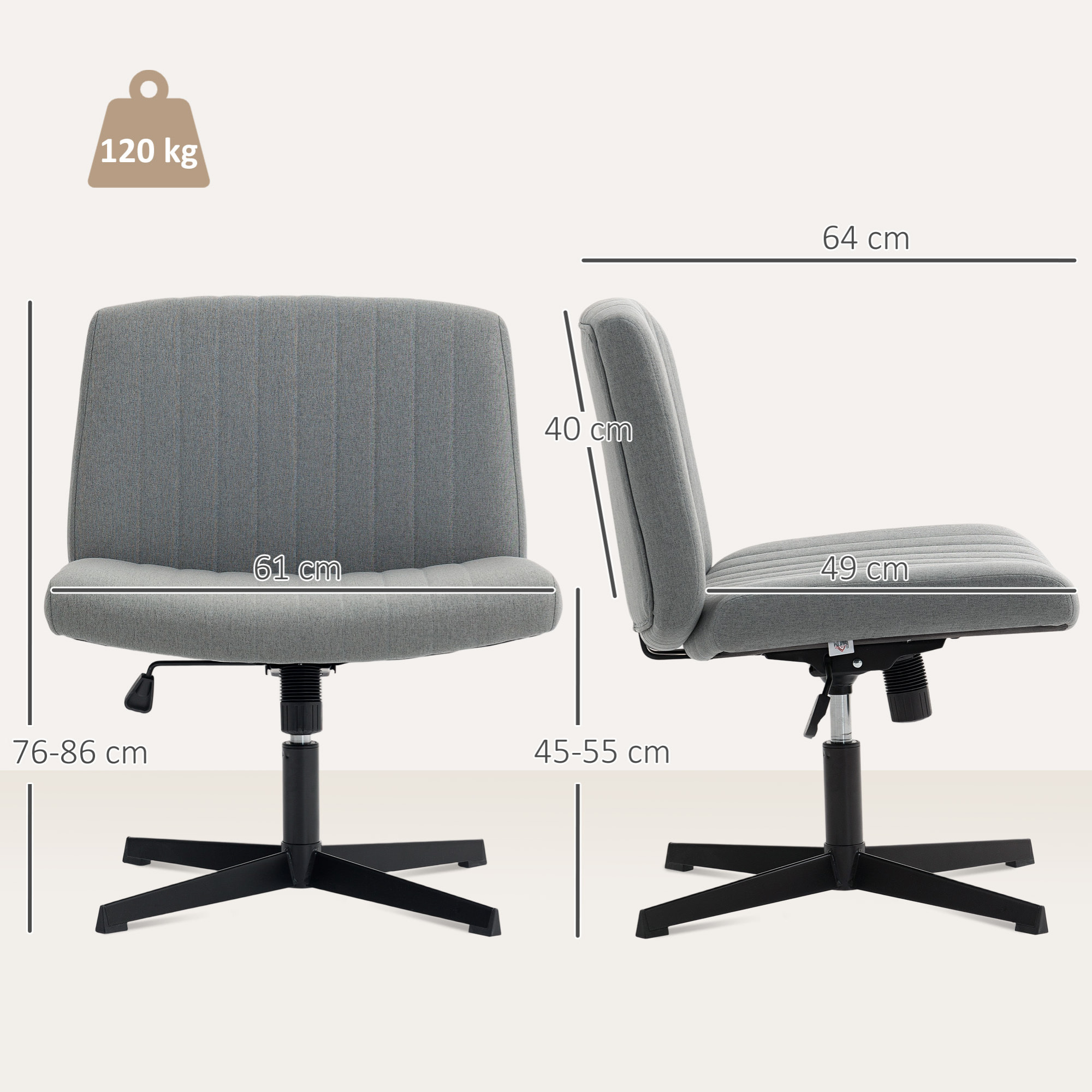 Silla de Oficina sin Brazos, Silla de Escritorio Giratoria con Función Basculante, Piernas Cruzadas, Asiento Ancho y Cómodo, Altura Ajustable, sin Ruedas, para Dormitorio Sala de Estar Gris