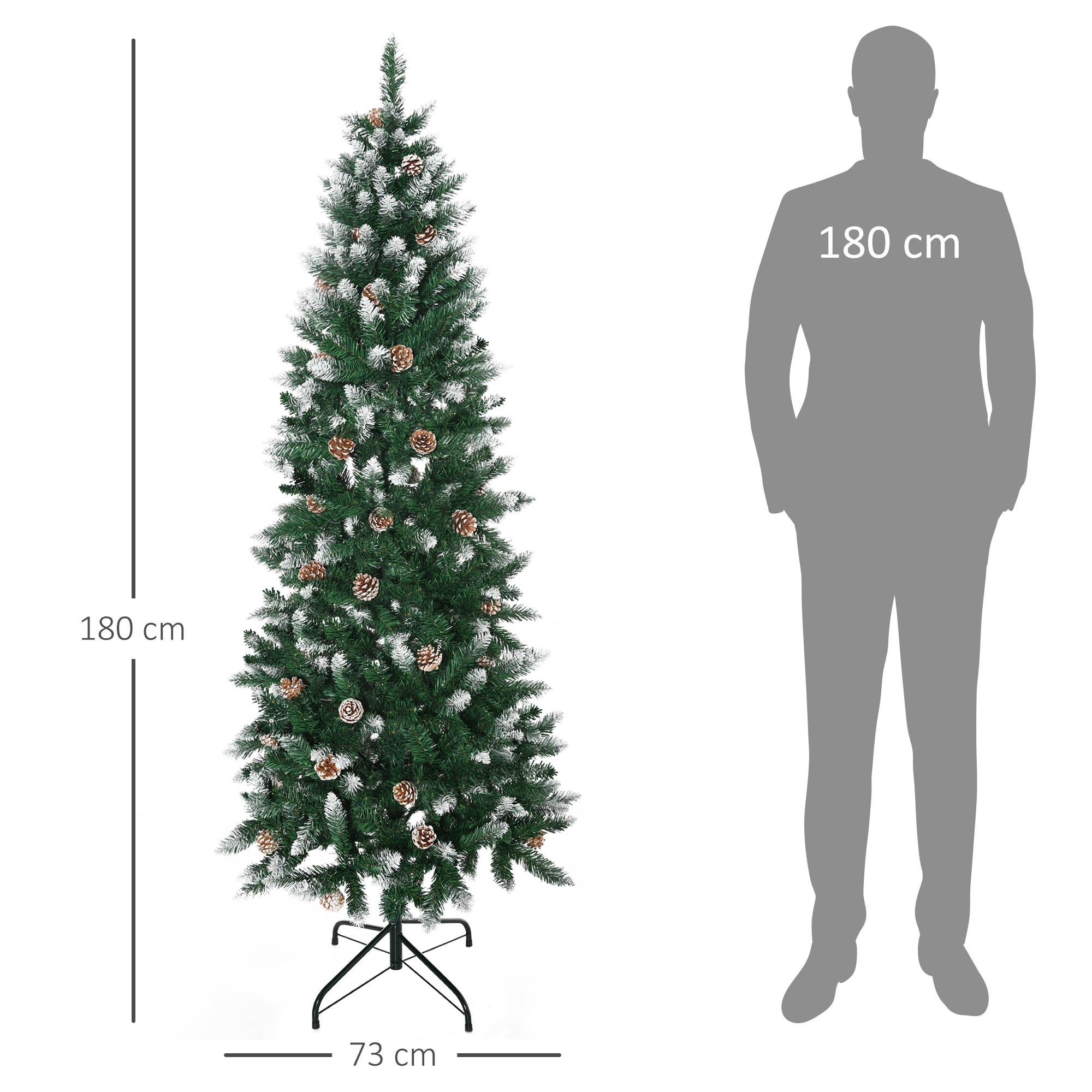 árbol de Navidad Artificial de Nieve 180 cm con 508 Ramas Realistas 49 Piñas Base Plegable y Soporte de Acero para Decoración de Interiores Ø73x180 cm Verde Blanco