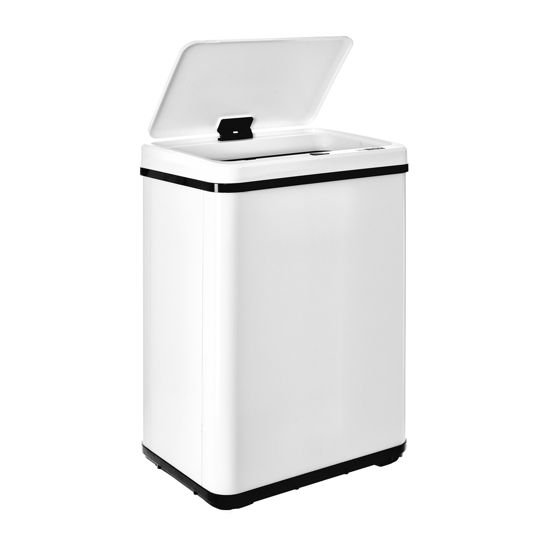 Cubo de basura inteligente sin patas con apertura automática o contacto manual, blanco.