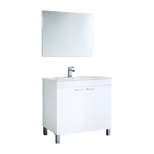 Mobile sottolavabo Augusta, Mobiletto per bagno a 2 ante, Armadietto da terra con specchio, cm 80x45h80, Bianco