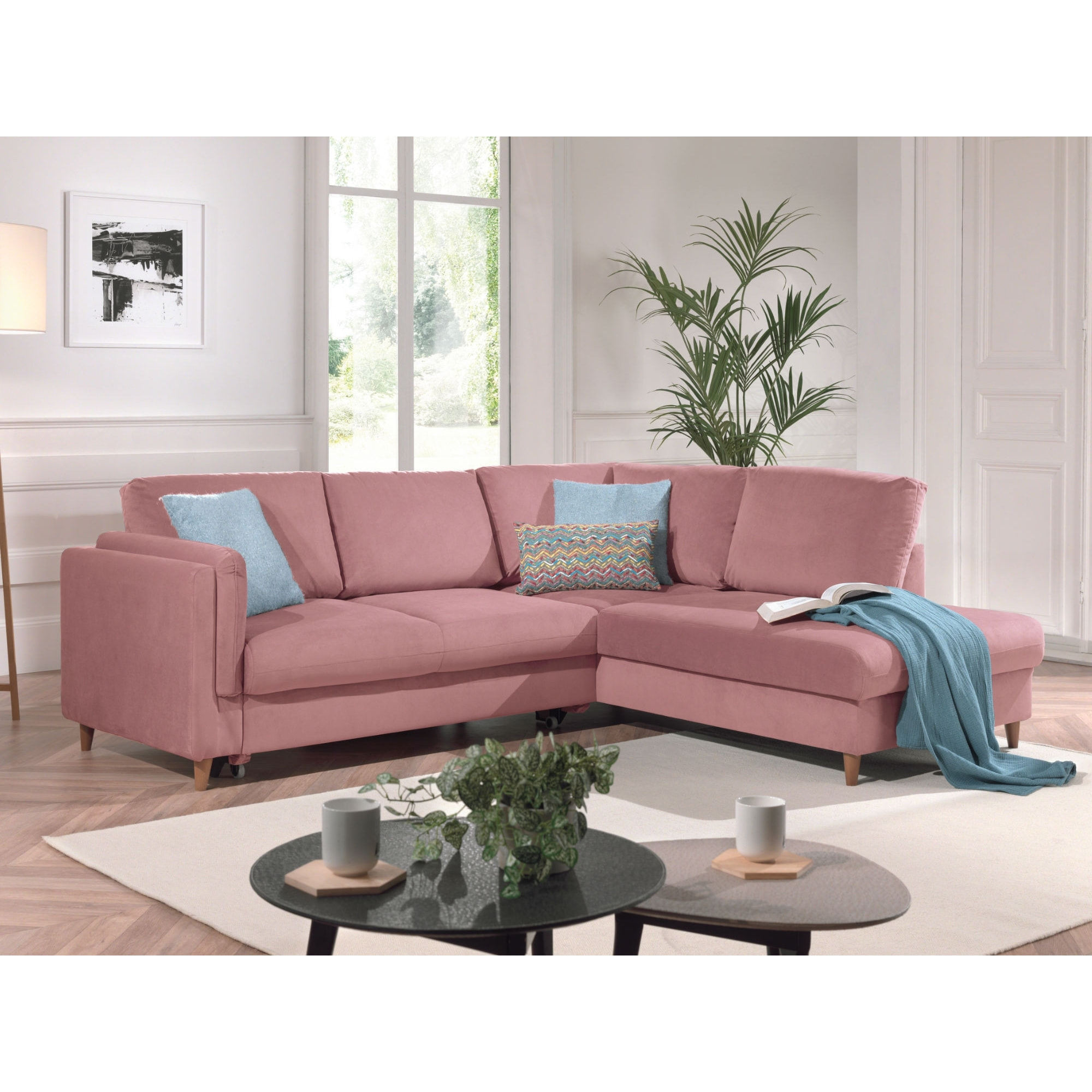 Brooke - canapé d'angle droit - convertible - 5 places - en velours - Rose