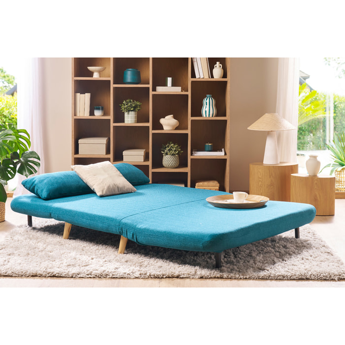 Chauffeuse 2 places convertible en tissu bleu canard et bois clair AMIKO
