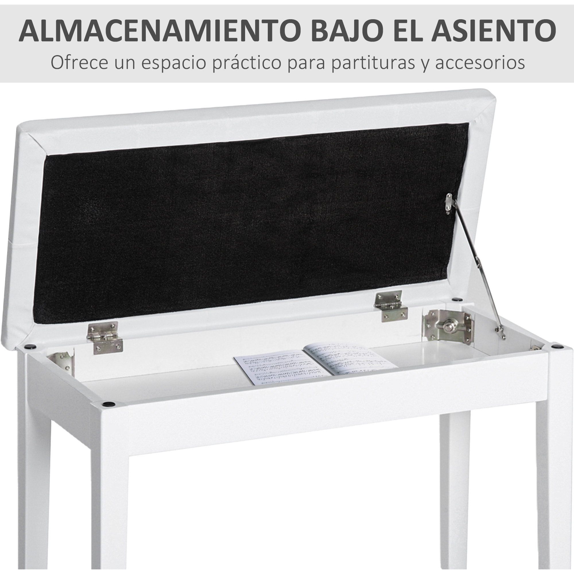Banco de Piano con Almacenamiento, Banqueta de Piano con Asiento de Cuero Sintético, Patas de Madera, Carga Máxima 200 kg, 76x36x50 cm, Blanco