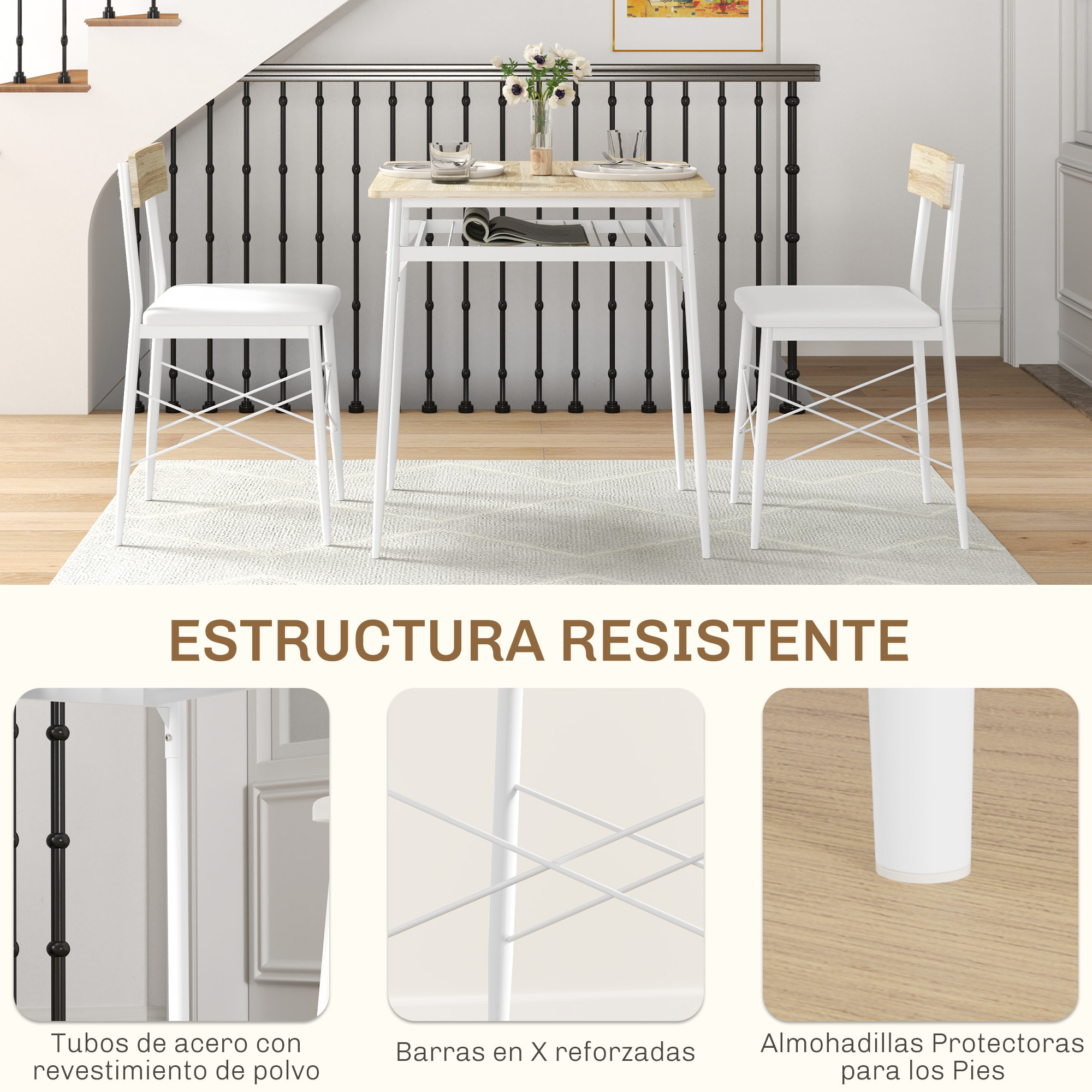 Conjunto de Mesa y Sillas de Comedor de 3 Piezas Mesa de Cocina con 2 Sillas sin Brazos Mesa Rectangular con Estante Abierto Estructura de Acero Blanco y Roble