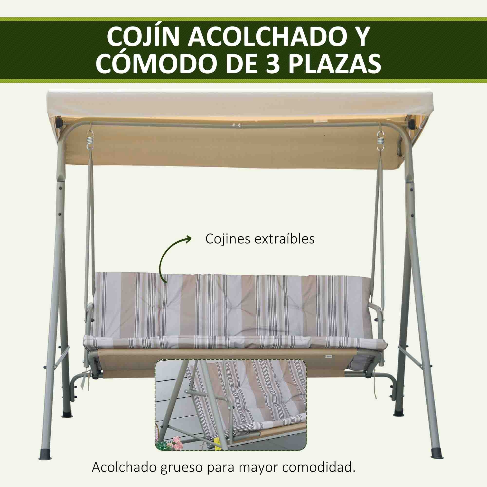 Columpio de Jardín Exterior de 3 Plazas, Balancín de Jardín Exterior con Techo Ajustable y Marco de Acero, para Balcón, Terraza, Patio, Carga 210 kg, 172x110x156 cm, Marrón Claro