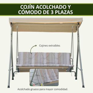 Columpio de Jardín Exterior de 3 Plazas, Balancín de Jardín Exterior con Techo Ajustable y Marco de Acero, para Balcón, Terraza, Patio, Carga 210 kg, 172x110x156 cm, Marrón Claro