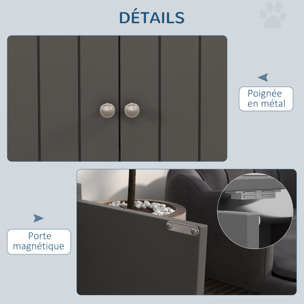 Gamelle double chien chat - porte-gamelles surélevé armoire 2 en 1 - 2 portes, 2 gamelles - acier inox. MDF gris
