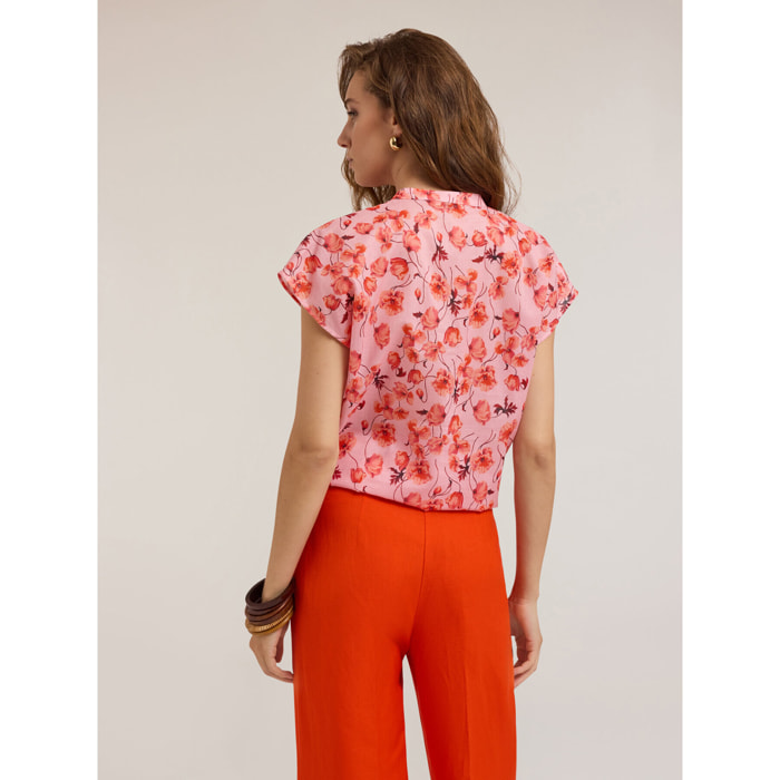 Motivi - Camicia alla coreana con stampa floreale - Fucsia