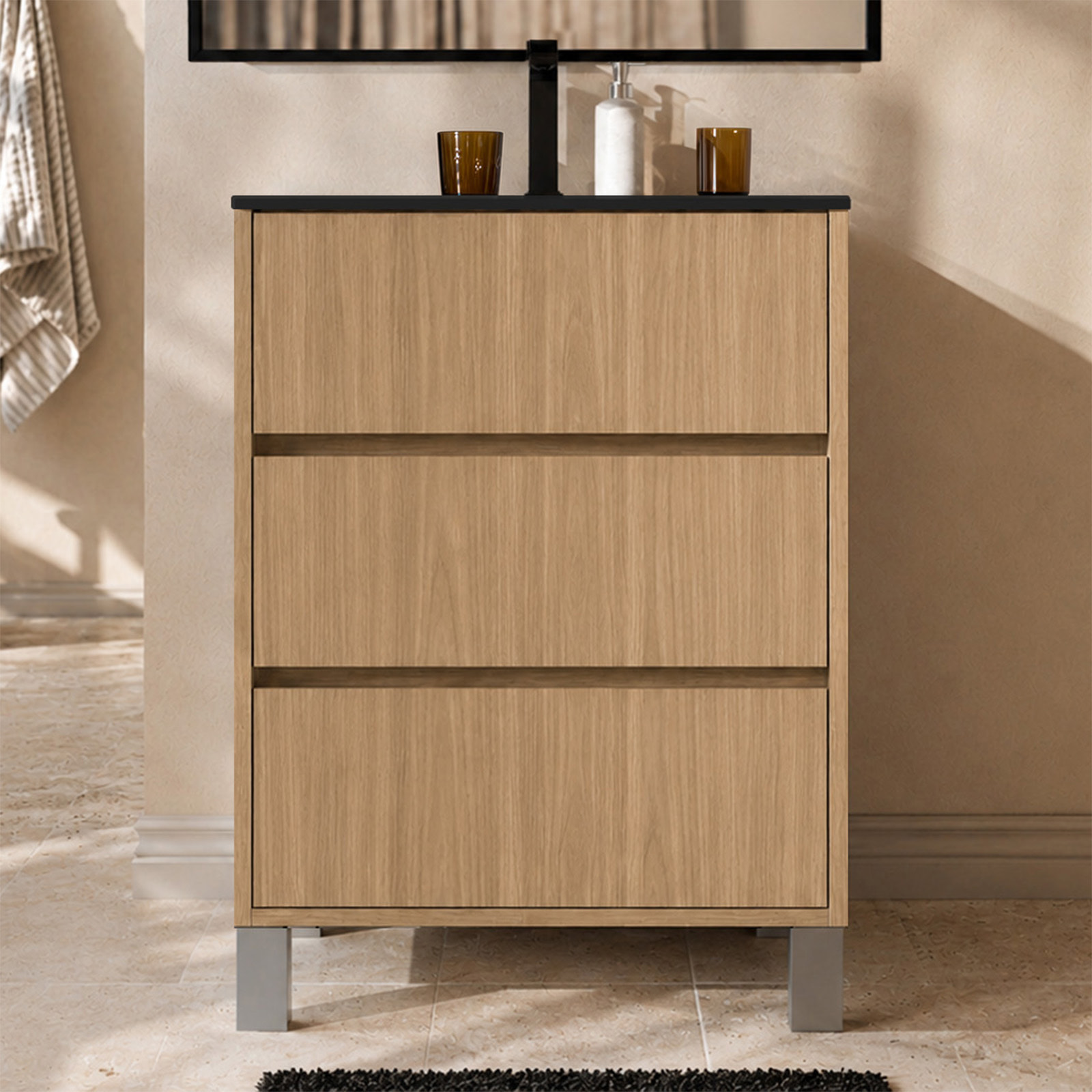 Meuble de Salle de Bains 50cm 3 tiroirs Chêne Clair, Vasque Noire et Miroir Cadre Noir 50x70 XENOS