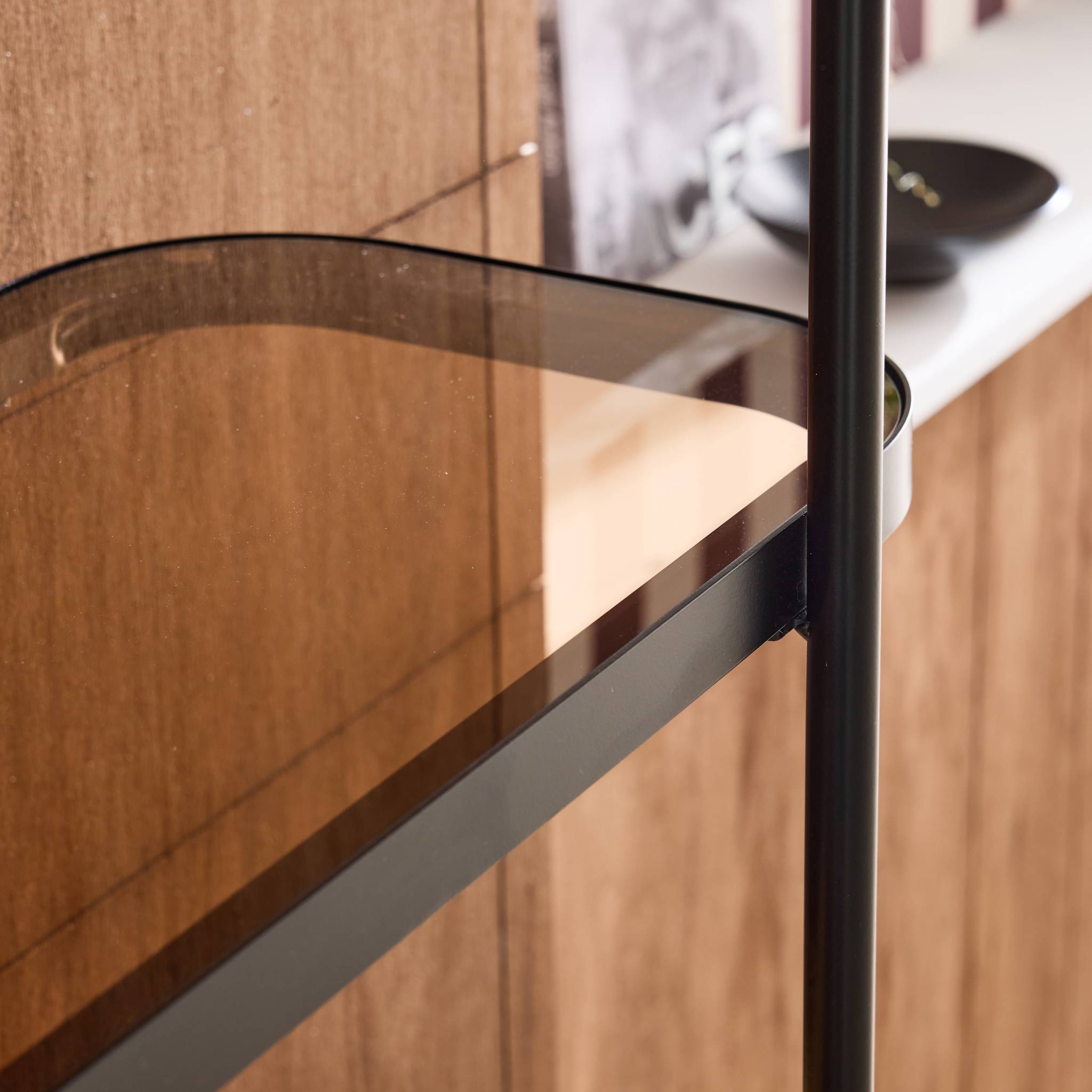 Etagère bibliothèque verre, décor bois et métal 5 niveaux SMOOKY