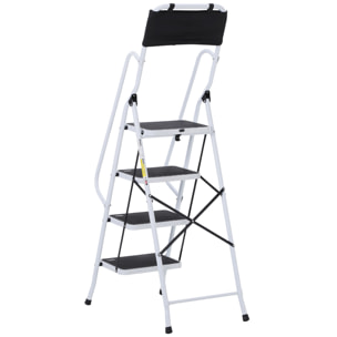 HOMCOM Escabeau pliable 4 marches XL antidérapantes double garde corps hauteur max. 1,55 m charge max. 150 Kg pochette outils intégrée acier blanc noir