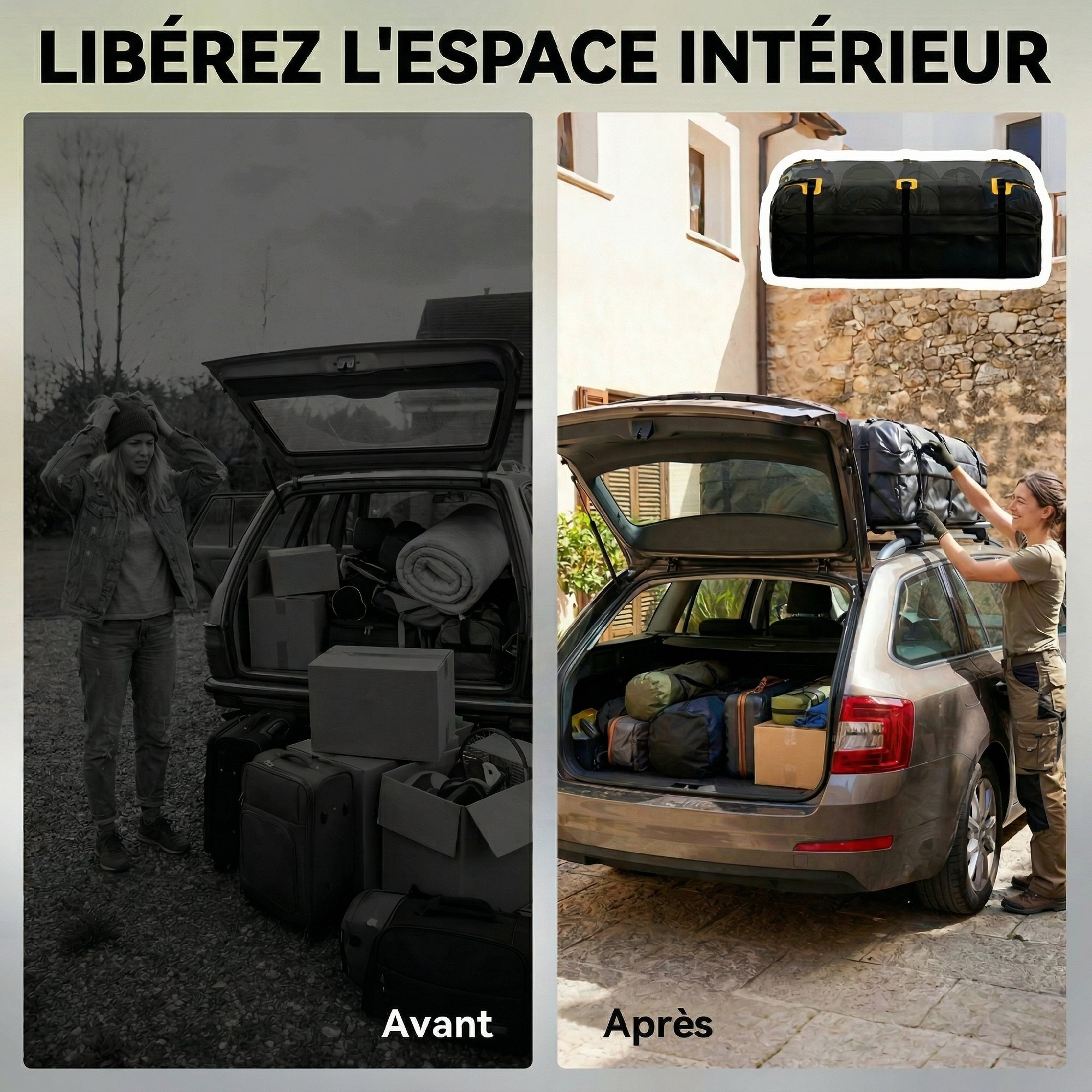 Coffre de toit souple pliant 595L avec accessoires charge max. 50 Kg jaune noir