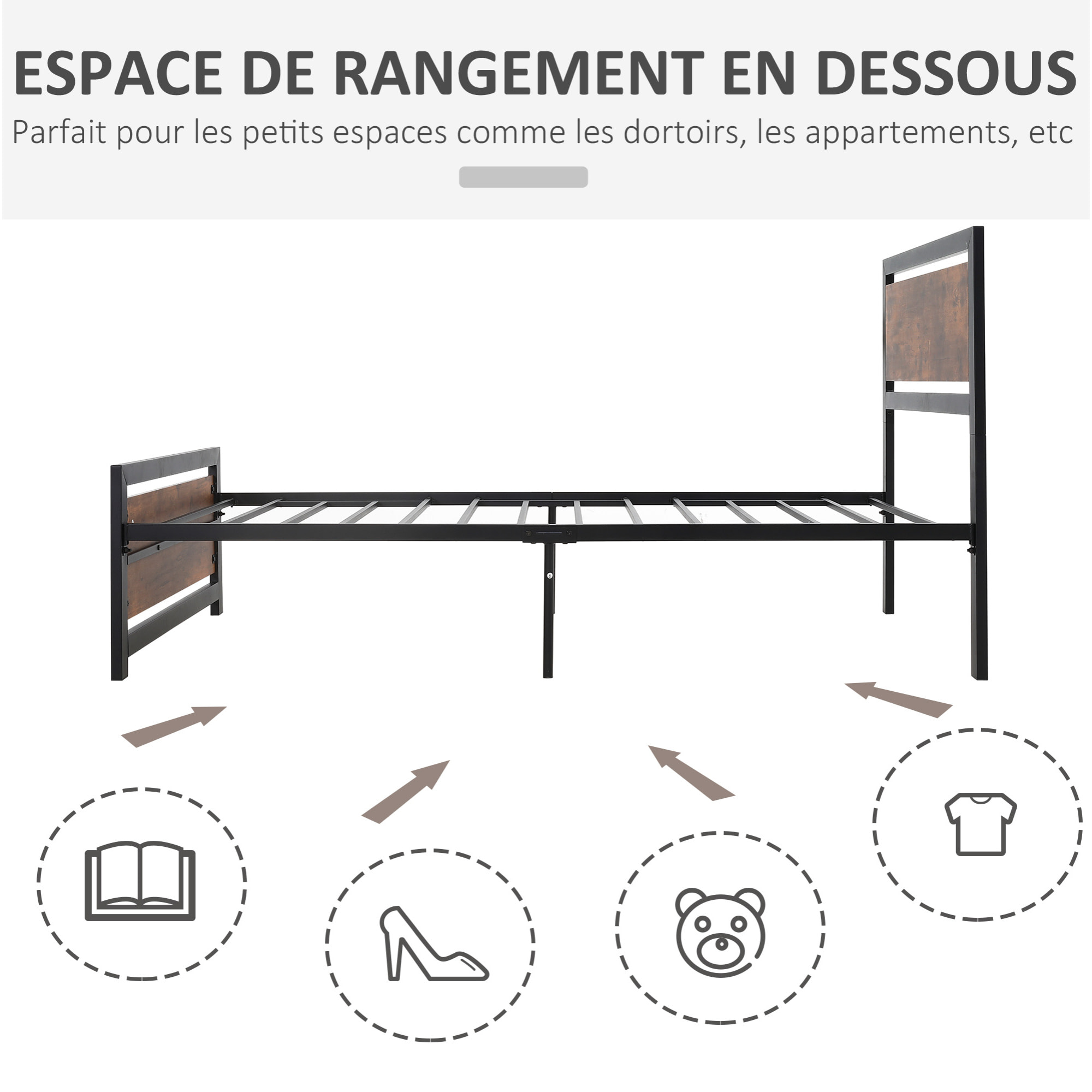 Lit simple design industriel - tête de lit, pied de lit et sommier - dim. 195L x 97l x 103H cm - compatible matelas 190L x 90l cm - acier noir MDF aspect bois avec veinage
