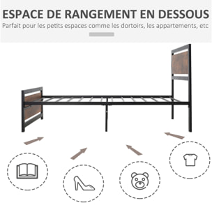 Lit simple design industriel - tête de lit, pied de lit et sommier - dim. 195L x 97l x 103H cm - compatible matelas 190L x 90l cm - acier noir MDF aspect bois avec veinage
