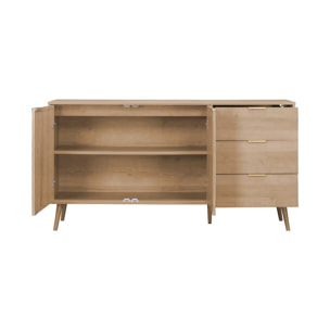 Buffet de rangement. Eva.  décor bois et cannage arrondi. 2 portes 3 tiroirs. buffet bas. L 150 x l 39 x H 79cm