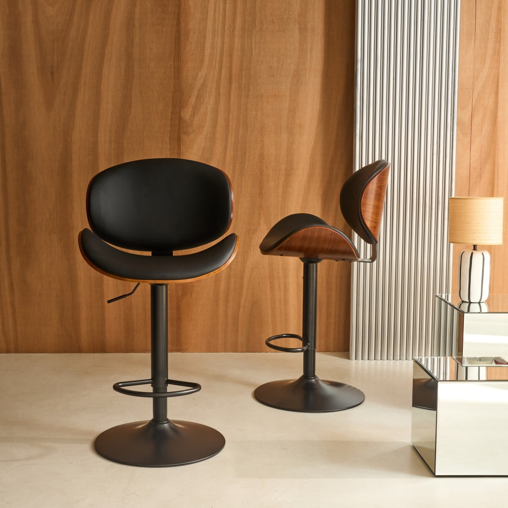 Lot de 2 tabourets de bar réglable décor bois courbé et simili cuir noyer et noir - L 53  P 51 x H 95-116cm - Dwight