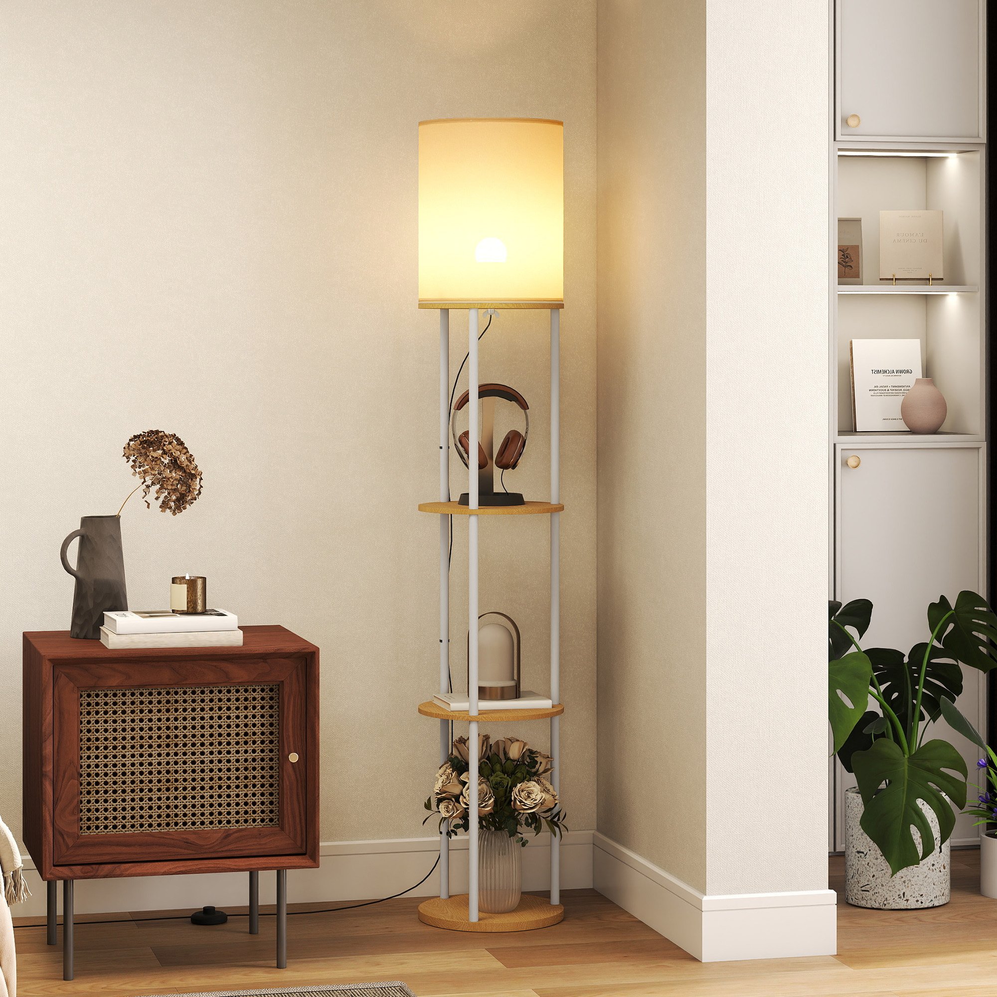 Lámpara de Pie con Estantes, Lámpara con 3 Temperaturas de Color, Control Remoto, Bombilla E27, para Salón, Dormitorio, Oficina, Natural