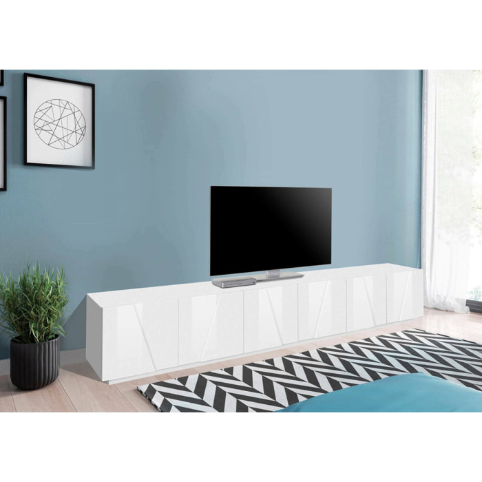 Mobile da soggiorno Porta TV, Made in Italy, Supporto per TV da salotto a 6 antine battenti con dettaglio, cm 244x44h46, colore Bianco lucido