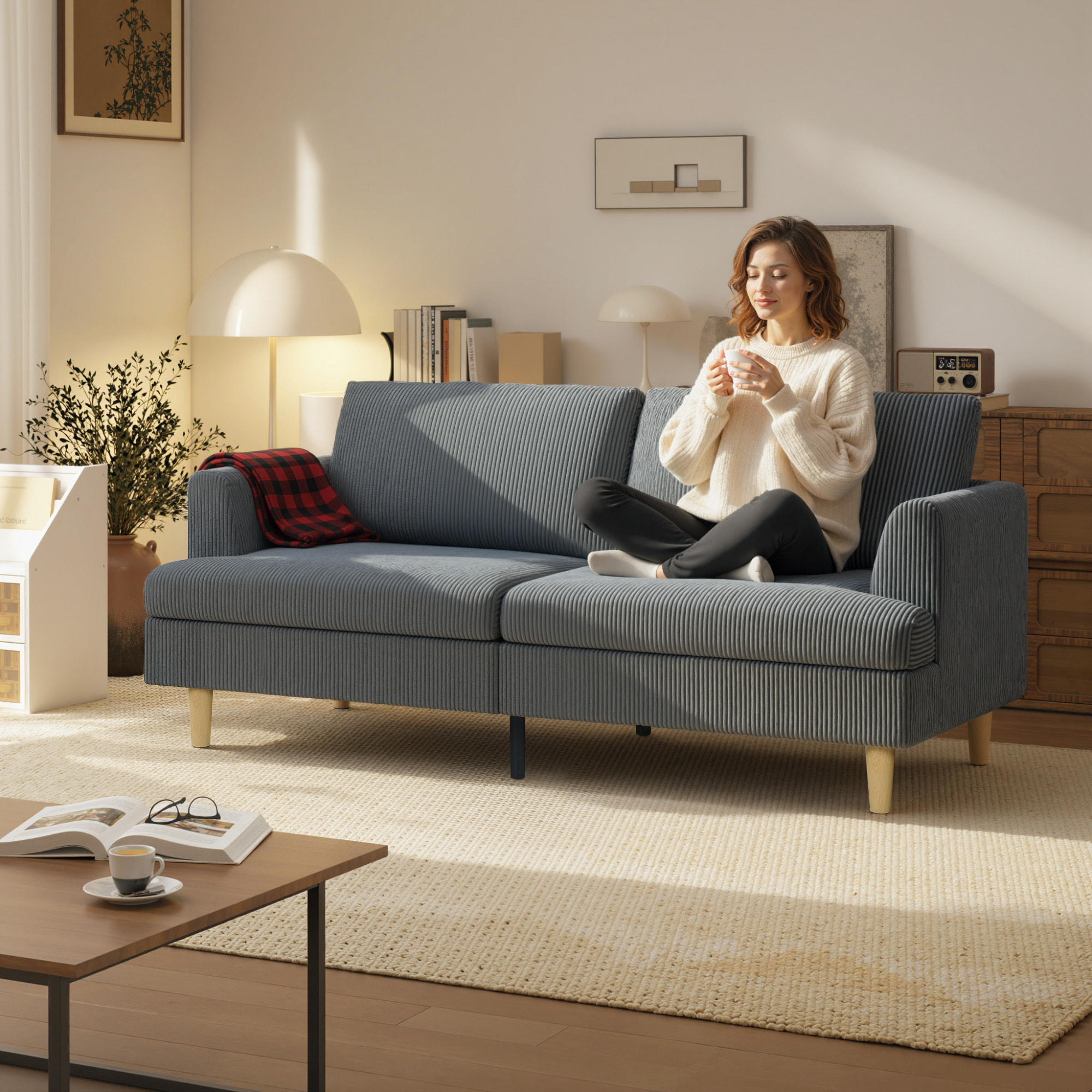 Sofá de 3 Plazas, Sofá de Salón Moderno, 188x80x86 cm, Tapizado en Pana, Acolchado Grueso de Muelles, Asiento Ancho, Reposabrazos, Fácil Montaje, 2 Almohadas, Gris Oscuro