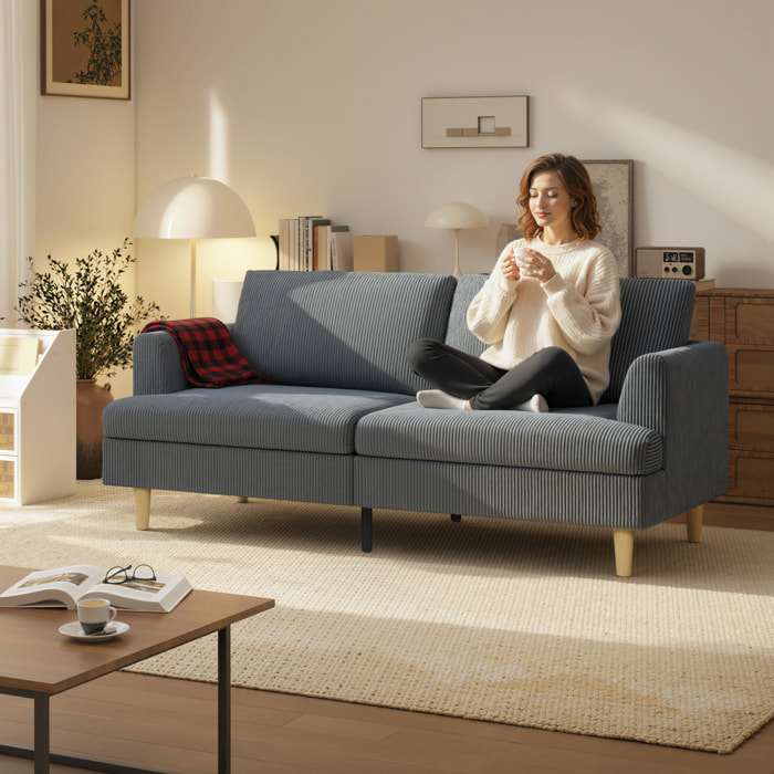 Sofá de 3 Plazas, Sofá de Salón Moderno, 188x80x86 cm, Tapizado en Pana, Acolchado Grueso de Muelles, Asiento Ancho, Reposabrazos, Fácil Montaje, 2 Almohadas, Gris Oscuro