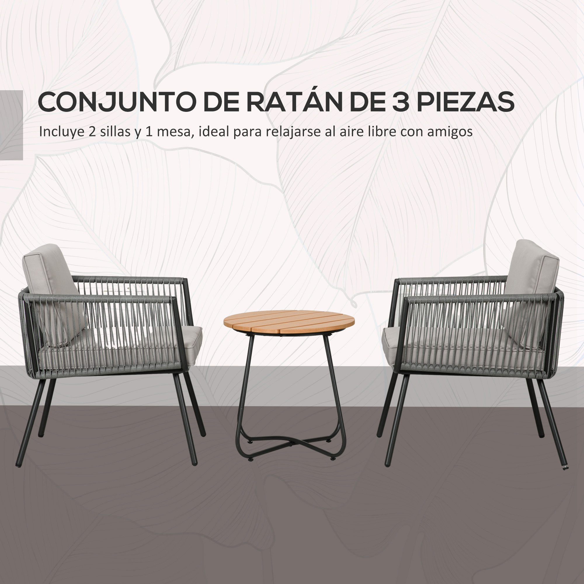 Conjunto de Muebles de Jardín de Ratán Sintético 3 Piezas Conjunto de Mesa y 2 Sillas de Ratán con Cojines Acolchados Extraíbles para Balcón Terraza Patio Gris