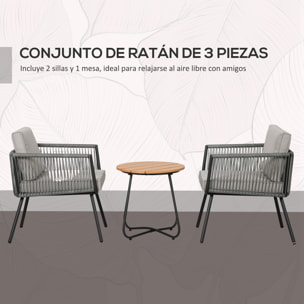 Conjunto de Muebles de Jardín de Ratán Sintético 3 Piezas Conjunto de Mesa y 2 Sillas de Ratán con Cojines Acolchados Extraíbles para Balcón Terraza Patio Gris