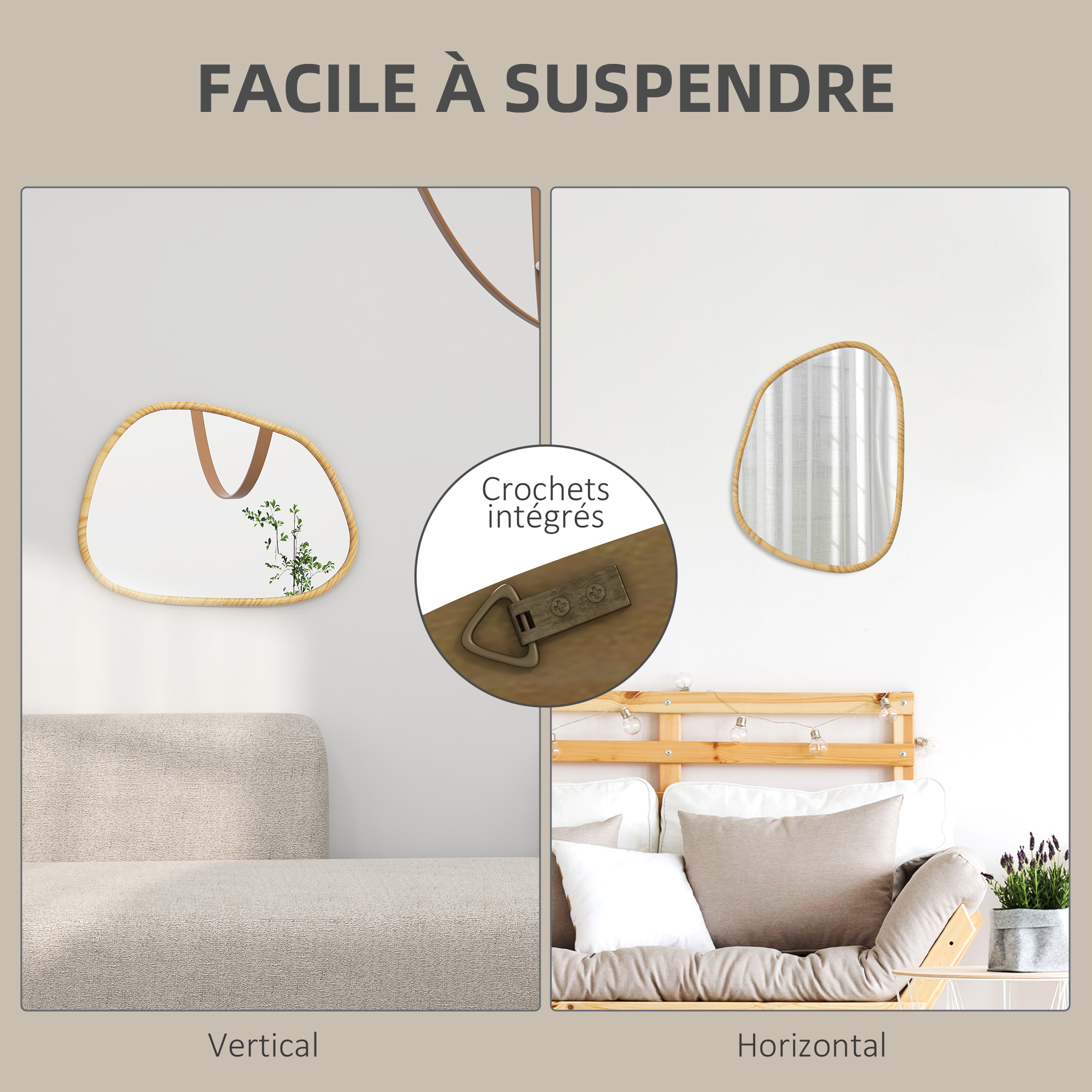 Miroir mural décoratif forme organique dim. 80L x 60H cm cadre bois de pin verni