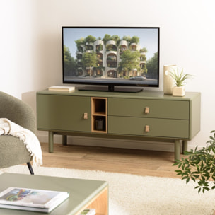 ETHAN - Meuble TV vert 1 porte, 2 tiroirs et 2 niches en bois naturel