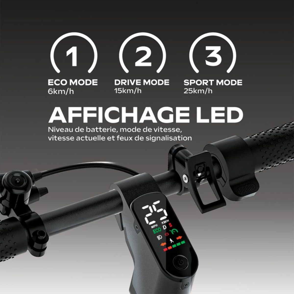 Trottinette électrique 85 - 25 km/h, 20 km d'autonomie, batterie 21,6V 7,8Ah, frein à disque, suspensions confort