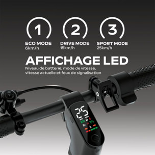 Trottinette électrique 85 - 25 km/h, 20 km d'autonomie, batterie 21,6V 7,8Ah, frein à disque, suspensions confort