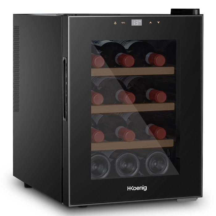 H.Koenig AGE12, Vinoteca 12 Botellas, 31L, Panel de Control Tactil, Luz LED, Antivibracion, 3 Estantes, 70W, 31 litros